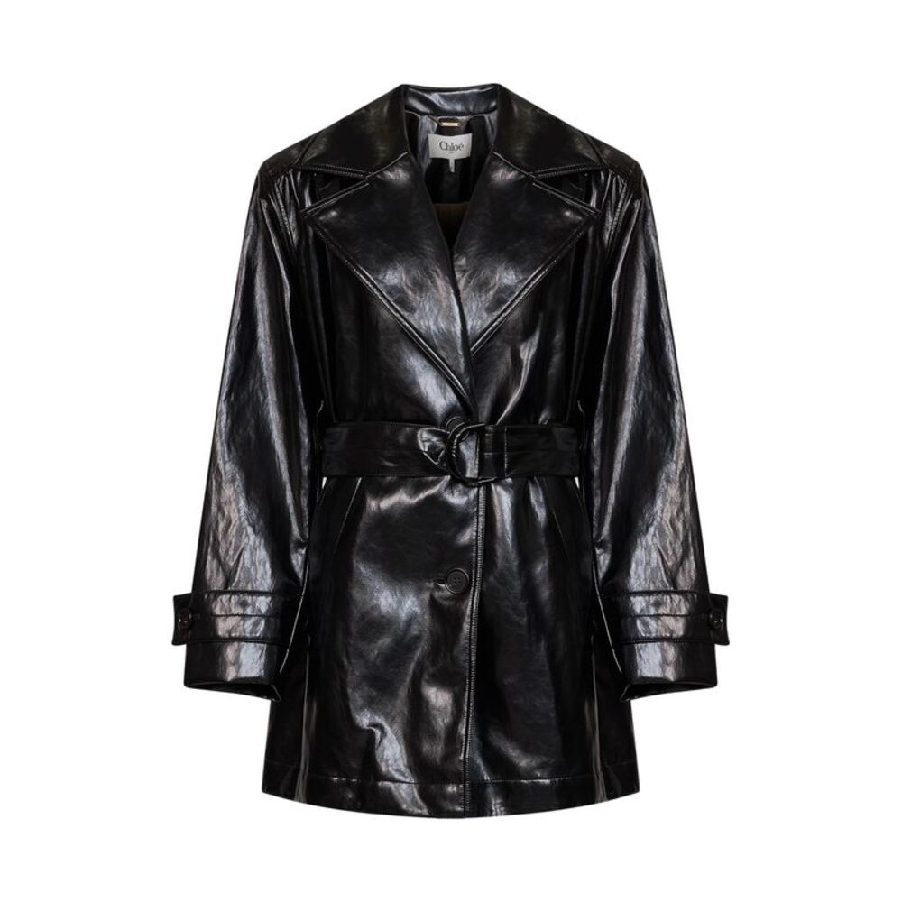 Chloé Women Black Shiny Coated Viscose Belted Trench Coat